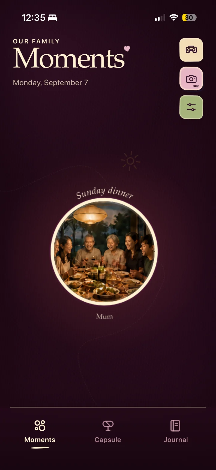 Bubbles Moments screen showing a Sunday dinner memory