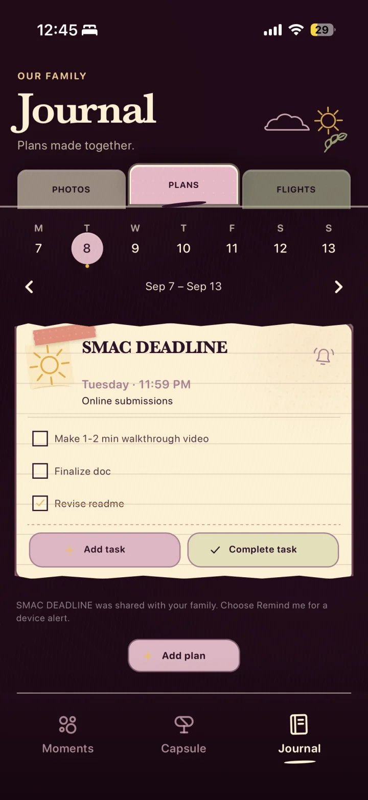 Bubbles Journal Plans screen with an event and shared task list