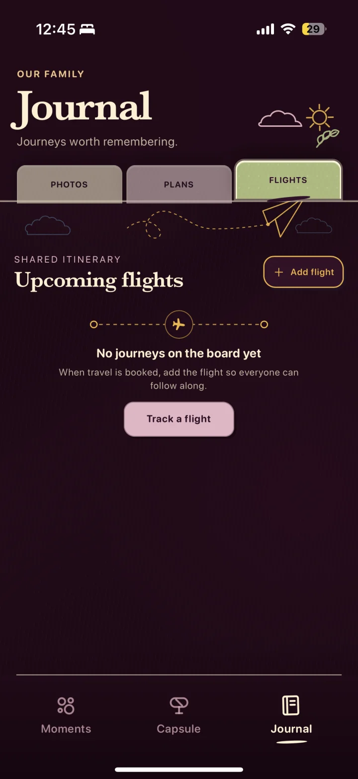 Bubbles Flights screen with the Track a flight action